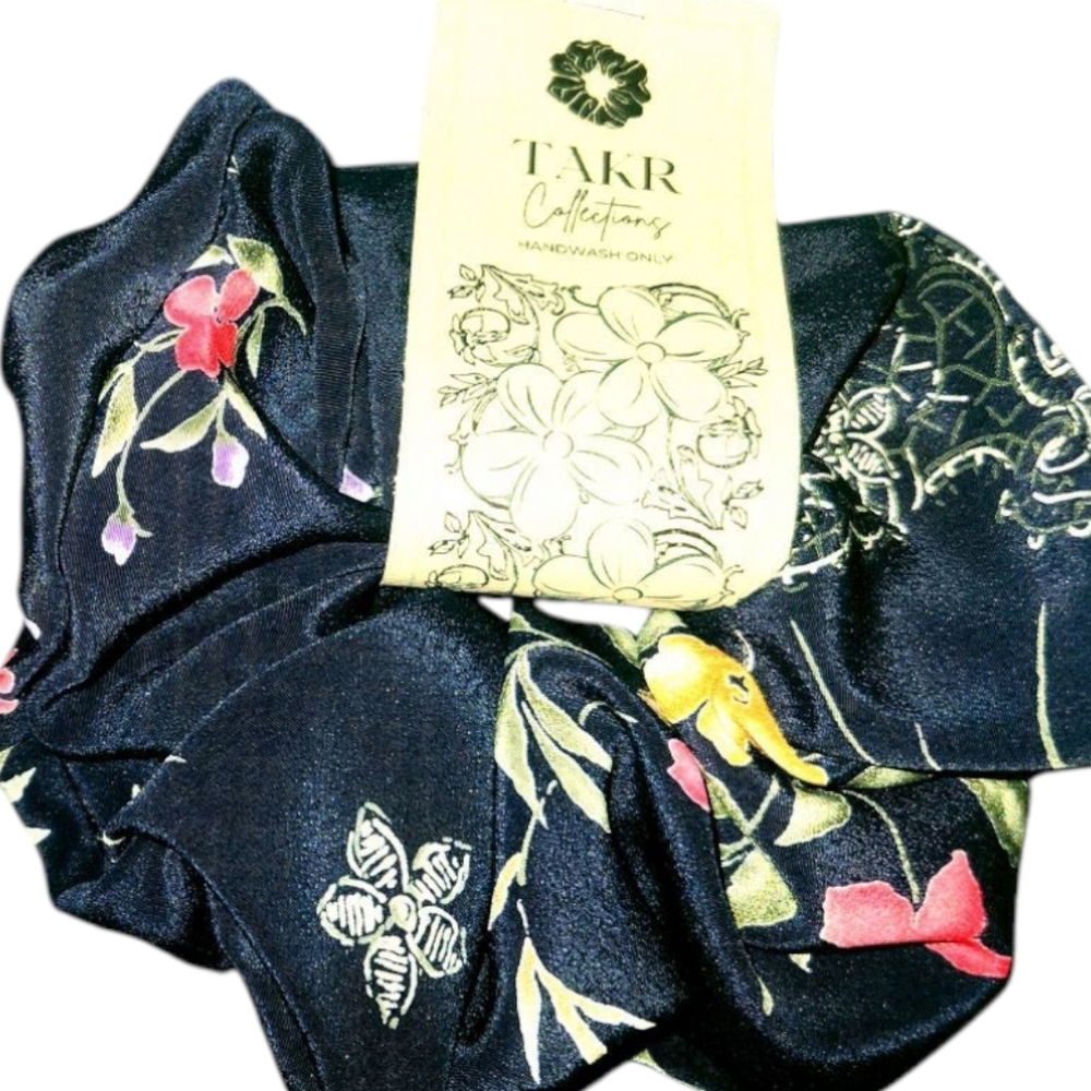 Floral Scrunchie - Navy Blue. 2-Pc. Set. Item No. S-103. - Picture 9 of 11